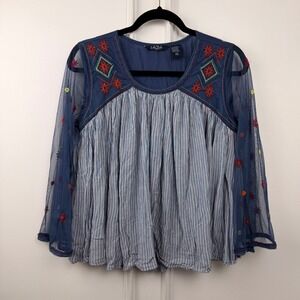 Life Style Petite Blue Striped Embroidered Mesh Sleeve Boho Blouse PS